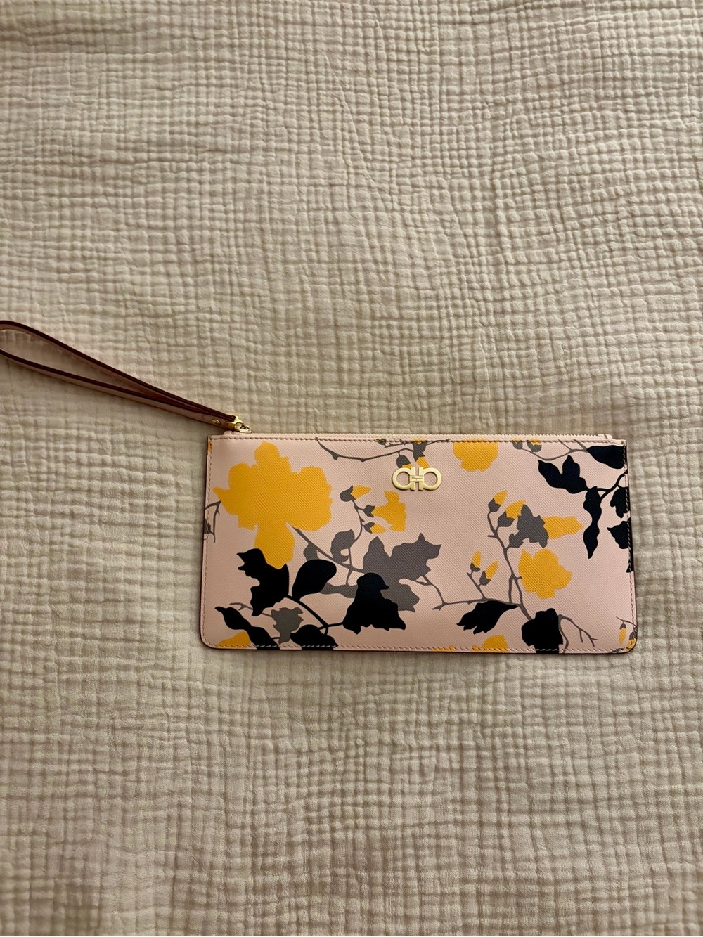 AUTHENTIC-Salvatore Ferragamo Pink Floral Wristlet Clutch w/ Yellow Accent